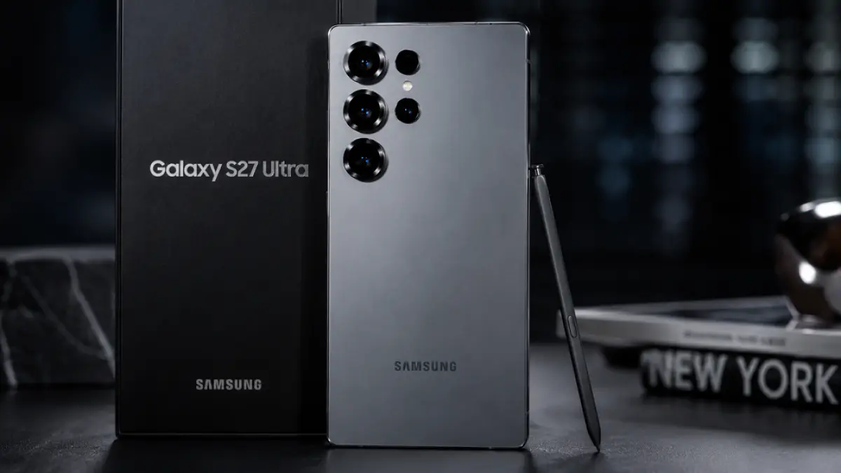 Bocoran render Samsung Galaxy S27 Ultra memperlihatkan desain baru dengan modul kamera horizontal. (Ilustrasi AI)