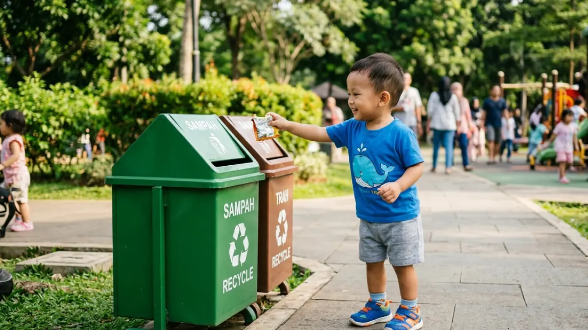 Ilustrasi anak buang sampah (AI)