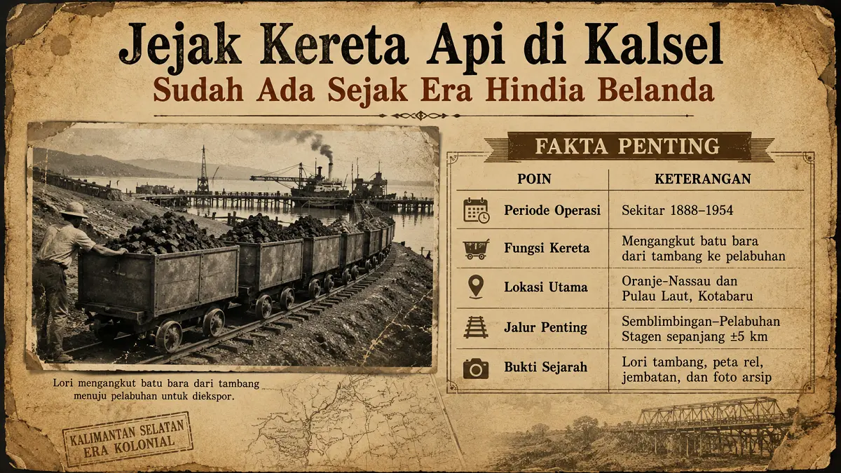 Lori dan jalur kereta tambang menjadi bukti keberadaan transportasi rel di Kalimantan Selatan pada masa Hindia Belanda. (Ilustrasi: AI/Pontianak Post)