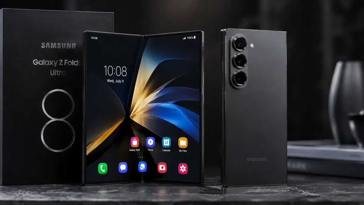Render bocoran Galaxy Z Fold 8 Ultra memperlihatkan pendekatan baru Samsung di pasar ponsel lipat. (Ilustrasi AI)