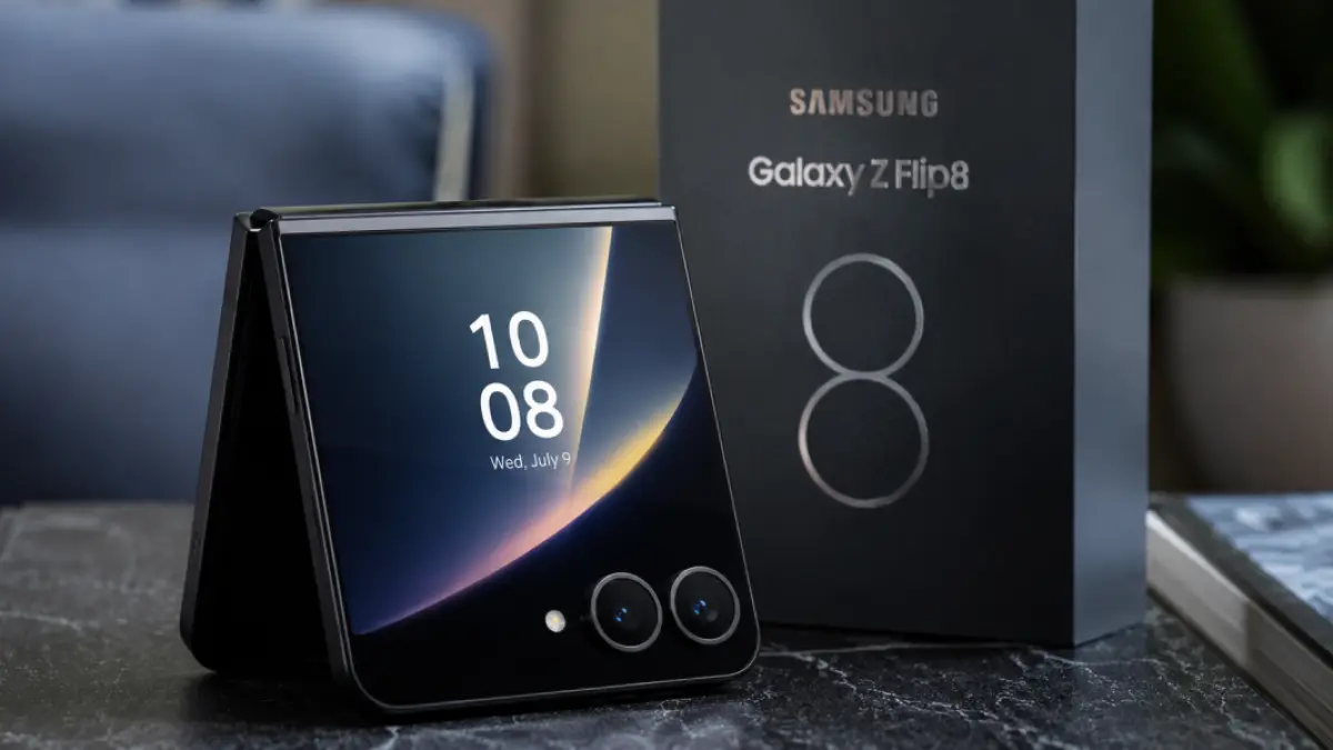 Render Samsung Galaxy Z Flip 8 disebut bakal menjadi ponsel lipat pertama Samsung dengan strategi dua chipset berbeda. (Ilustrasi AI)