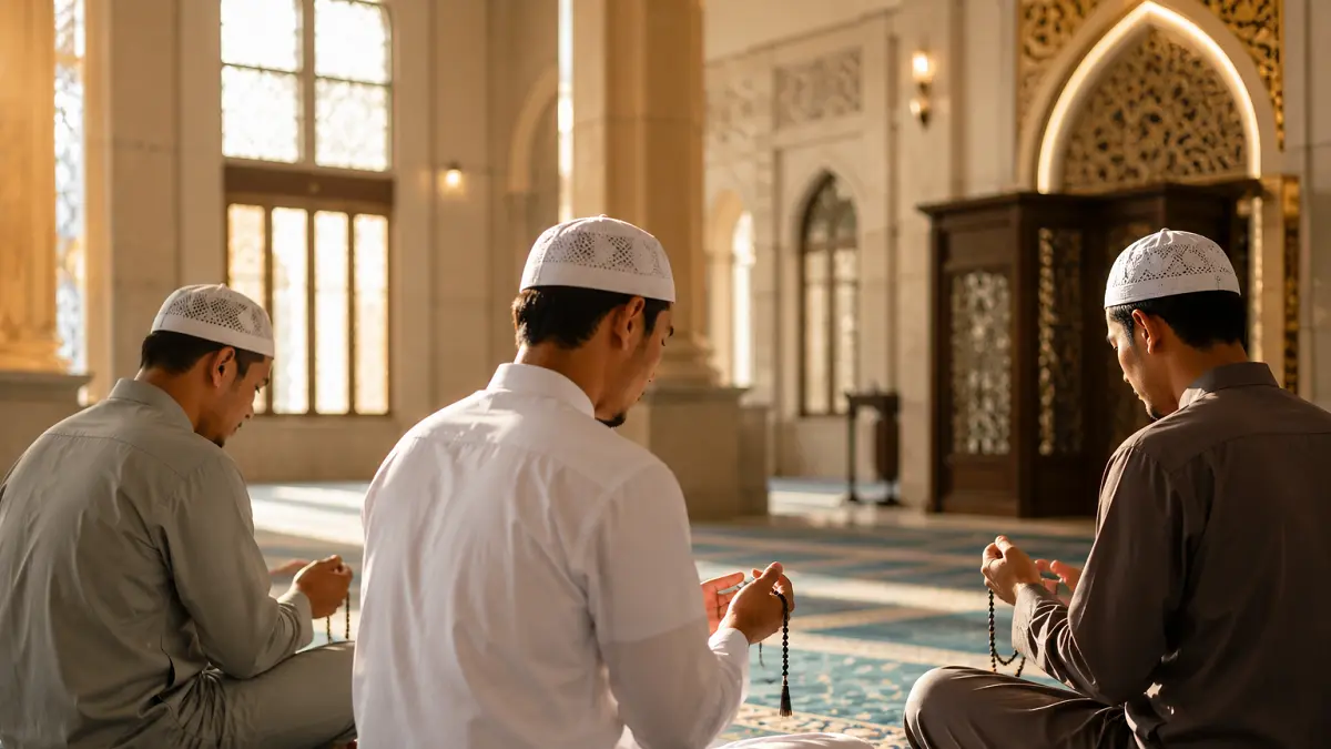 Ilustrasi beberapa pria muslim sedang berzikir di masjid 