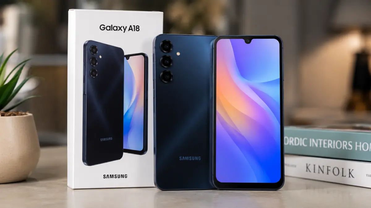 Ilustrasi Samsung Galaxy A18 menunjukkan desain yang menjadi identitas ponsel kelas menengah dan entry-level Samsung. (Ilustrasi AI)