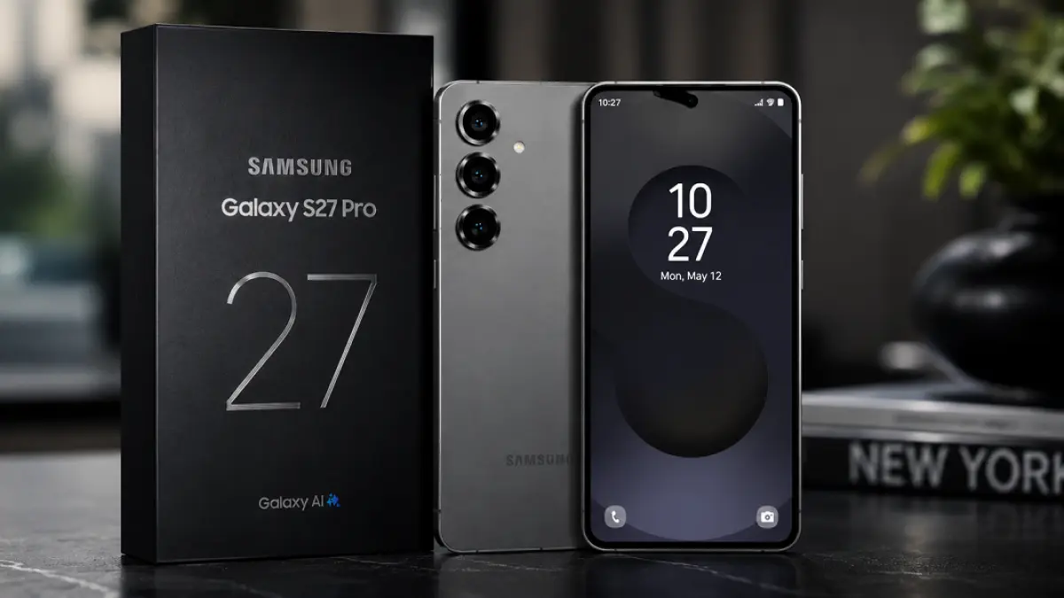 Render lini Galaxy S27 Pro terbaru memperlihatkan arah desain Samsung yang makin menipis dan premium. (Ilustrasi AI)