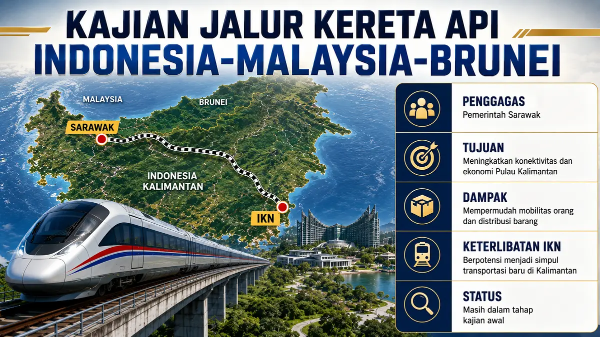 Sarawak mengkaji pembangunan kereta api Indonesia-Malaysia-Brunei yang berpotensi memperkuat konektivitas IKN dan Kalimantan. (ilustrasi AI/Pontianak Post)