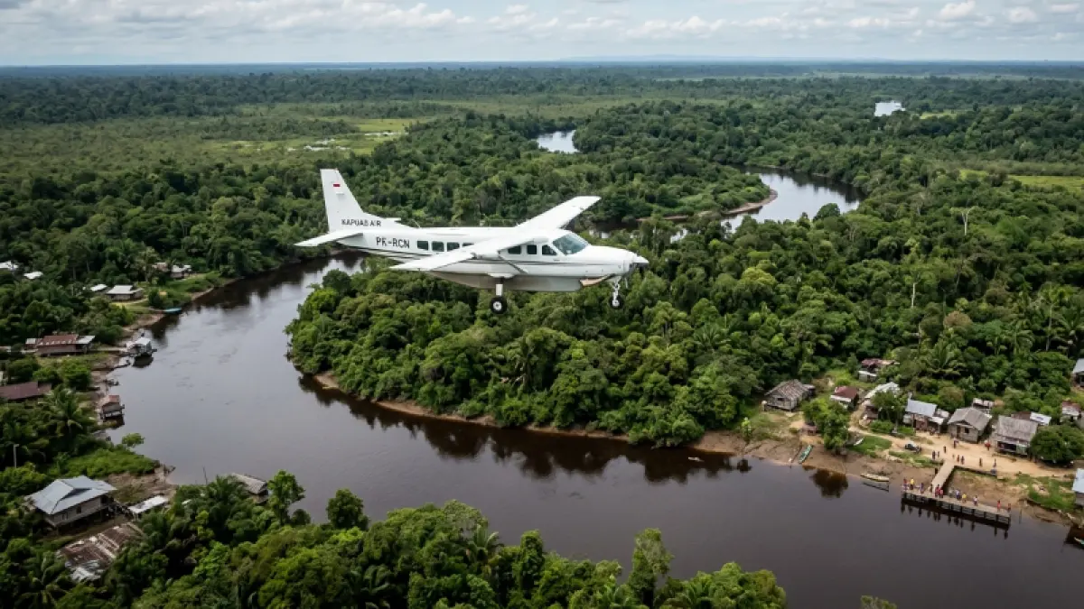 ILUSTRASI PESAWAT: Ilustrasi pesawat tipe Cessna yang digunakan dalam kegiatan pemotretan udara (aerial photography) untuk pemetaan kawasan lahan gambut di wilayah Kapuas Hulu. Polres Kapuas Hulu menegaskan aktivitas pesawat yang sempat viral di media sosial tersebut merupakan kegiatan resmi pengumpulan data topografi yang berada di bawah pengawasan Lanud Supadio Pontianak. Foto: Ilustrasi/Istimewa.