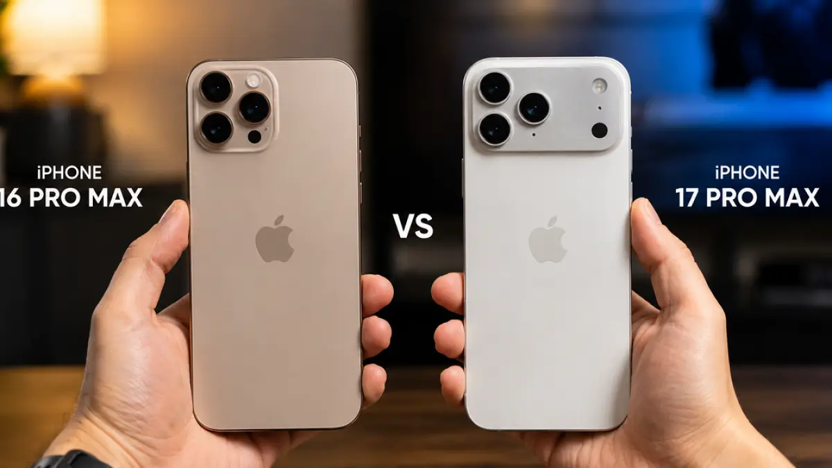 Perbandingan desain iPhone 16 Pro Max dan iPhone 17 Pro Max dengan perbedaan modul kamera yang mencolok.(Ilustrasi AI)
