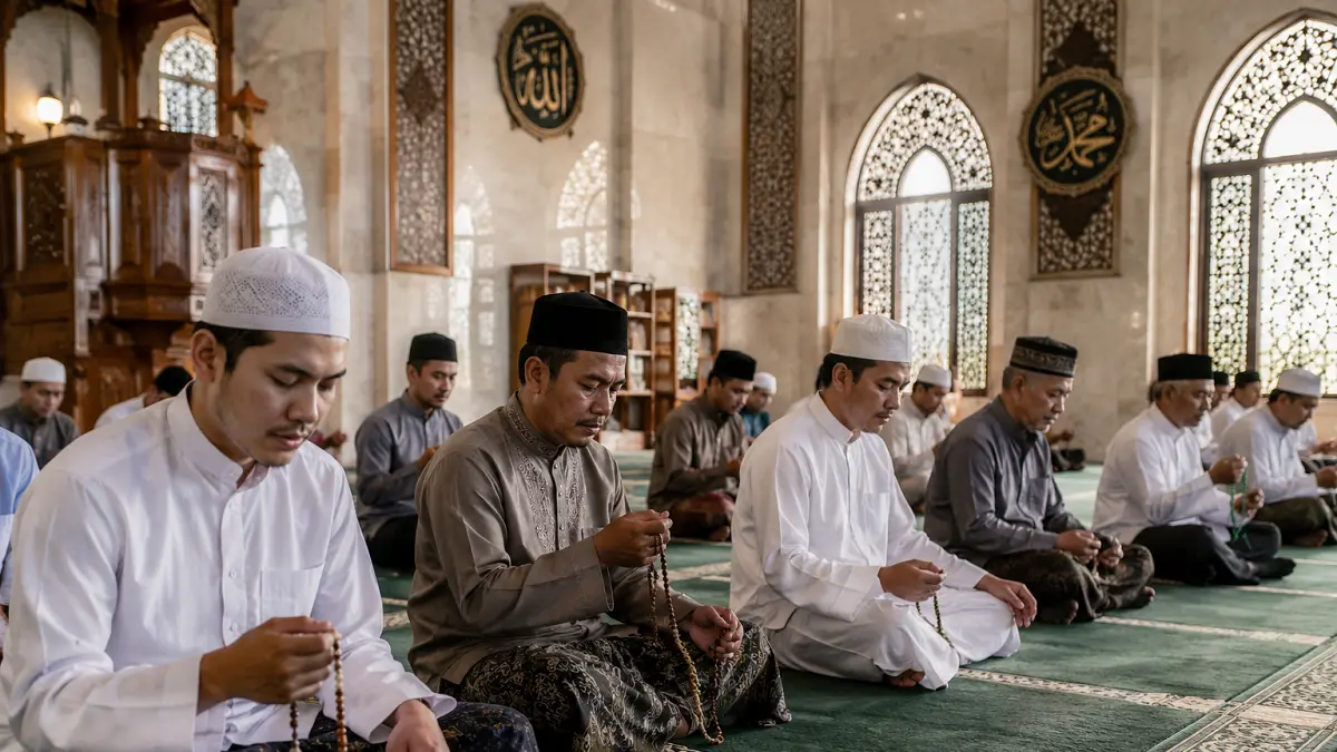 Ilustrasi kaum muslimin sedang berzikir usai salat berjamaah di masjid   