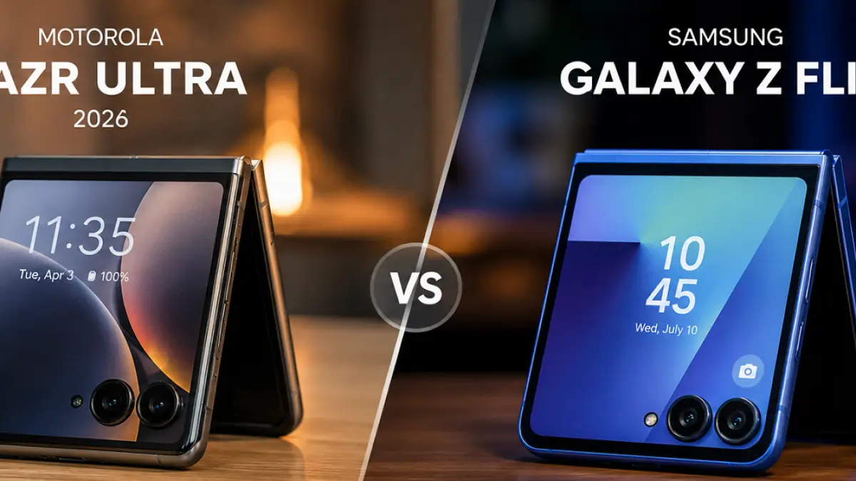 Motorola Razr Ultra 2026 dan Samsung Galaxy Z Flip 7 saat dibandingkan dalam pengujian desain, performa, dan baterai. (Ilustrasi AI)