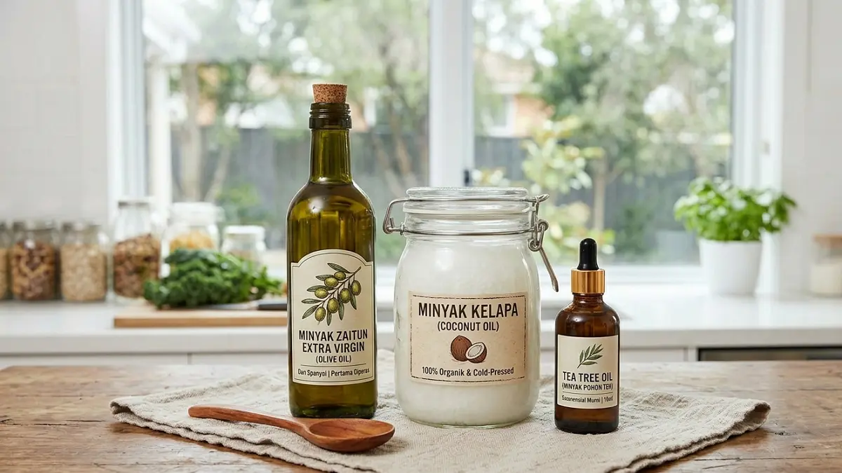 Ilustrasi minyak zaitun, minyak kelapa, dan tea tree oil (AI)