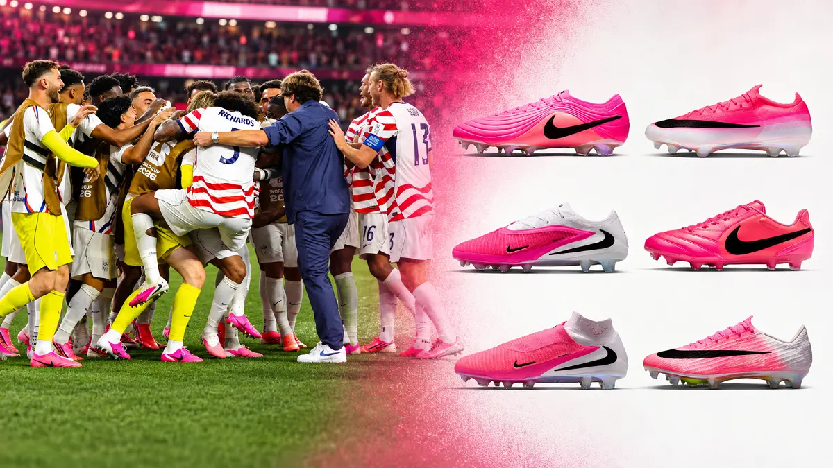 Kolase koleksi sepatu terbaru Nike berwarna pink dan punggawa Timnas Amerika Serikat yang hampir semuanya mengenakan sepatu pink di partai pembuka Piala Dunia 2026 melawan Paraguay. (Instagram)