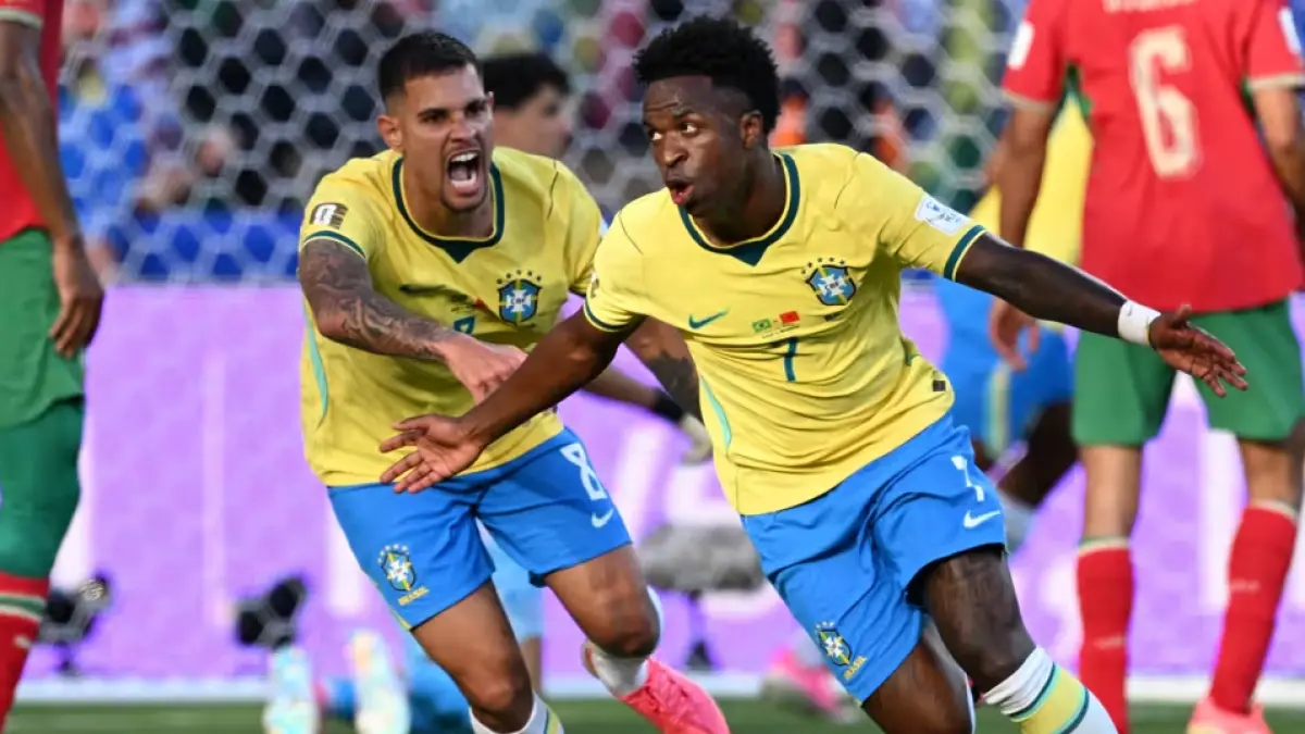 Vinicius Jr merayakan gol penyeimbang Brasil saat bermain imbang 1-1 melawan Maroko di Grup C Piala Dunia 2026. (Dok.FIFA)