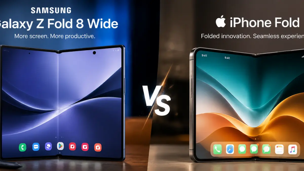 Ilustrasi perbandingan Galaxy Z Fold 8 Wide dan iPhone Fold yang diperkirakan menjadi rival utama di pasar ponsel lipat premium 2026.(Ilustrasi)
