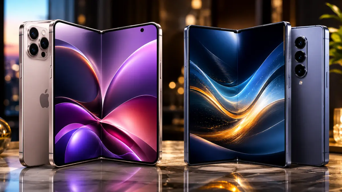 Ilustrasi perbandingan iPhone Fold dan Galaxy Z Fold 8 yang diperkirakan menjadi rival utama di pasar ponsel lipat premium. (Ilustrasi)