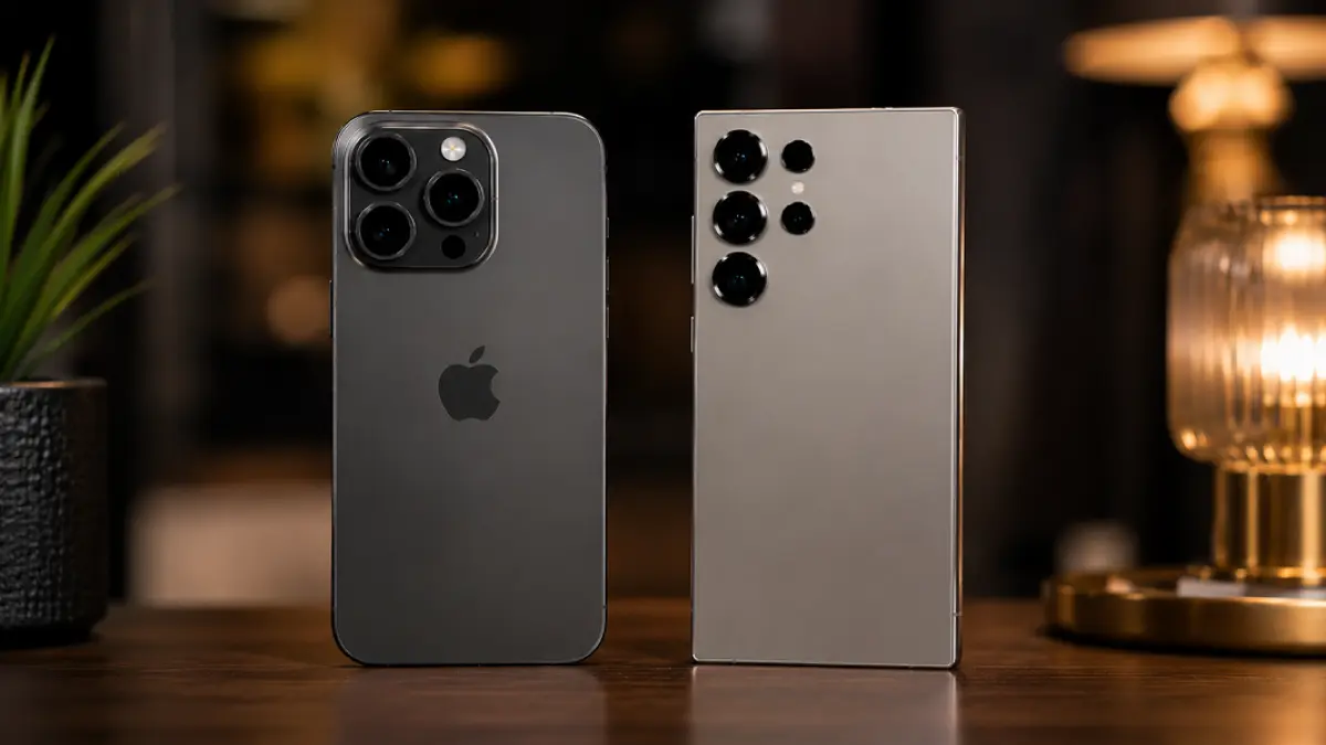 Render perbandingan iPhone 18 Pro Max dan Samsung Galaxy S26 Ultra yang diprediksi menjadi dua flagship premium paling sengit pada 2026. (Ilustrasi)