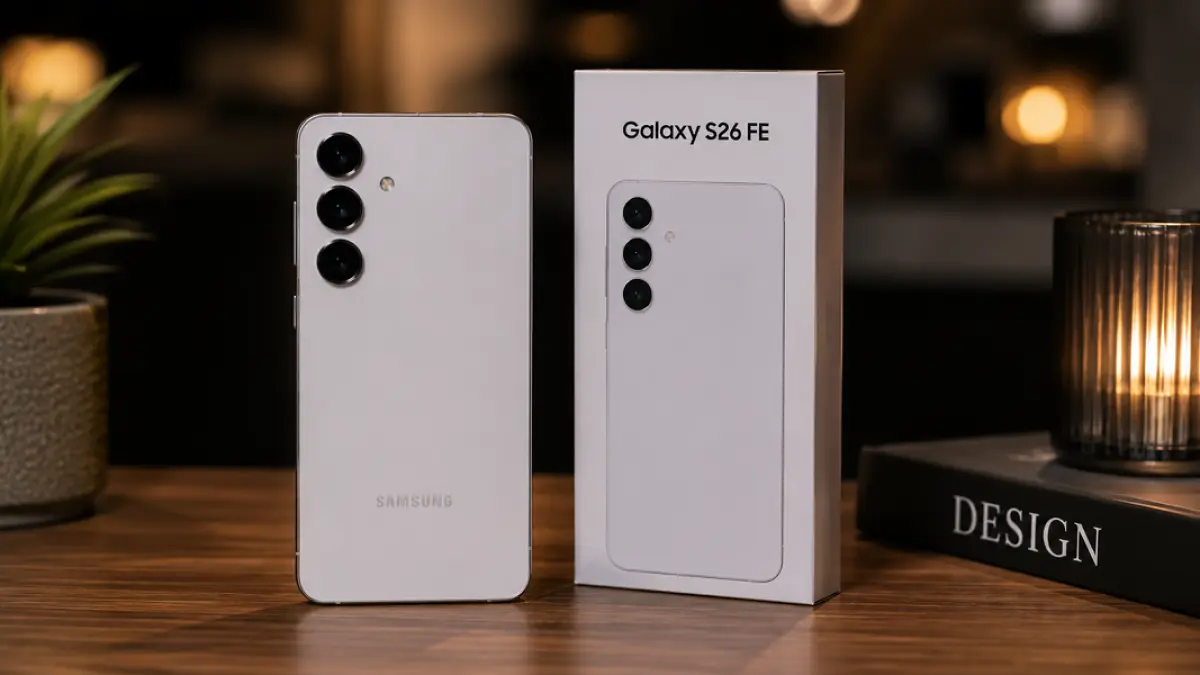Render Samsung Galaxy S26 FE menunjukkan desain premium yang dipadukan dengan layar besar dan konfigurasi tiga kamera. (Ilustrasi)
