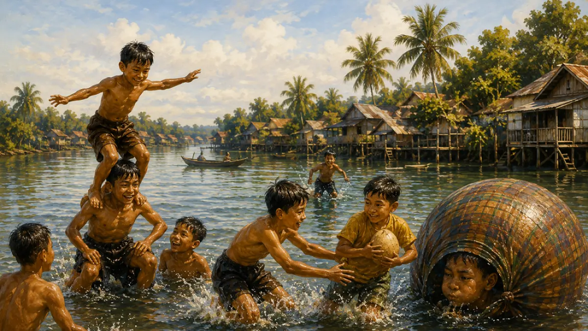 Ilustrasi permainan rakyat Jage Telok Buaya dan permainan lainnya dari pesisir Teluk Pakedai yang Nyaris Hilang  