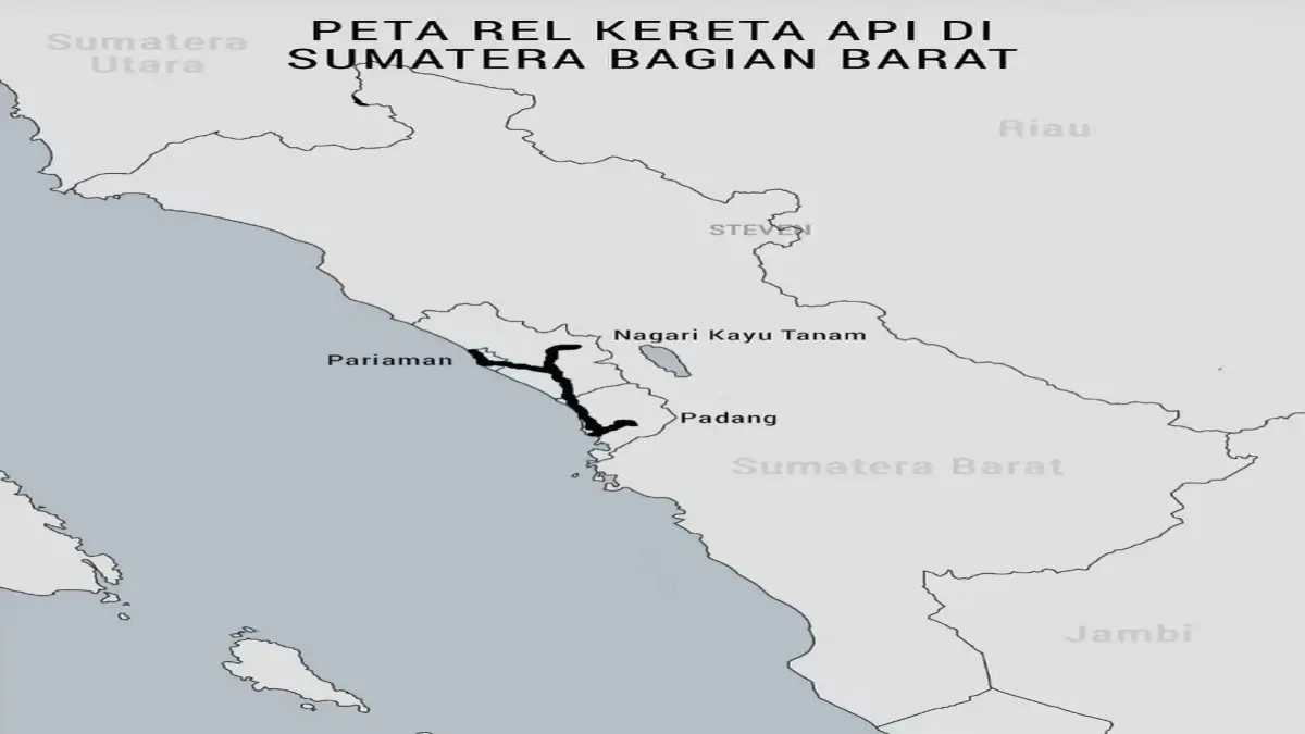 Peta jaringan kereta api aktif dan rencana pembangunan jaringan kereta api di Pulau Sumatera. (INSTAGRAM/@ssc_padang)