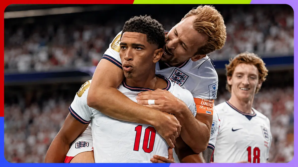 Jude Bellingham dan Harry Kane merayakan gol saat Inggris mengalahkan Kroasia 4-2 pada laga pembuka Grup L Piala Dunia 2026. (X@FIFAWorldCup)