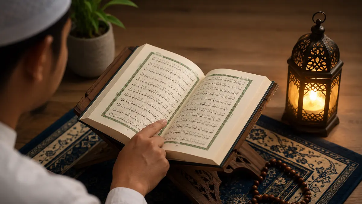 Ilustrasi muslim yang sedang membaca Surah Yaasin 