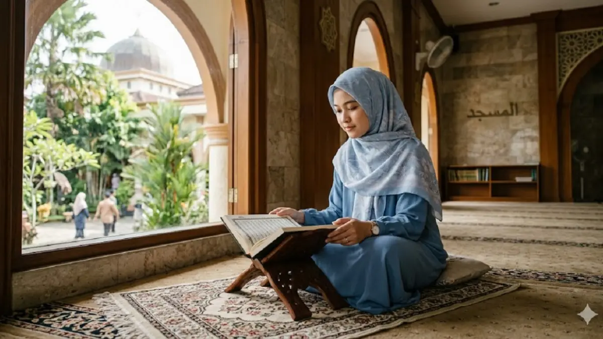 Ilustrasi muslimah sedang membaca Surat Al-Kahfi di hari Jumat 