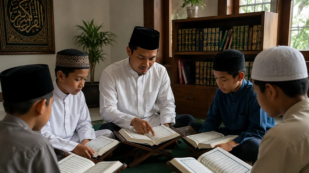 Ilustrasi seorang guru sedang menuntun membaca alquran kepada anak-anak