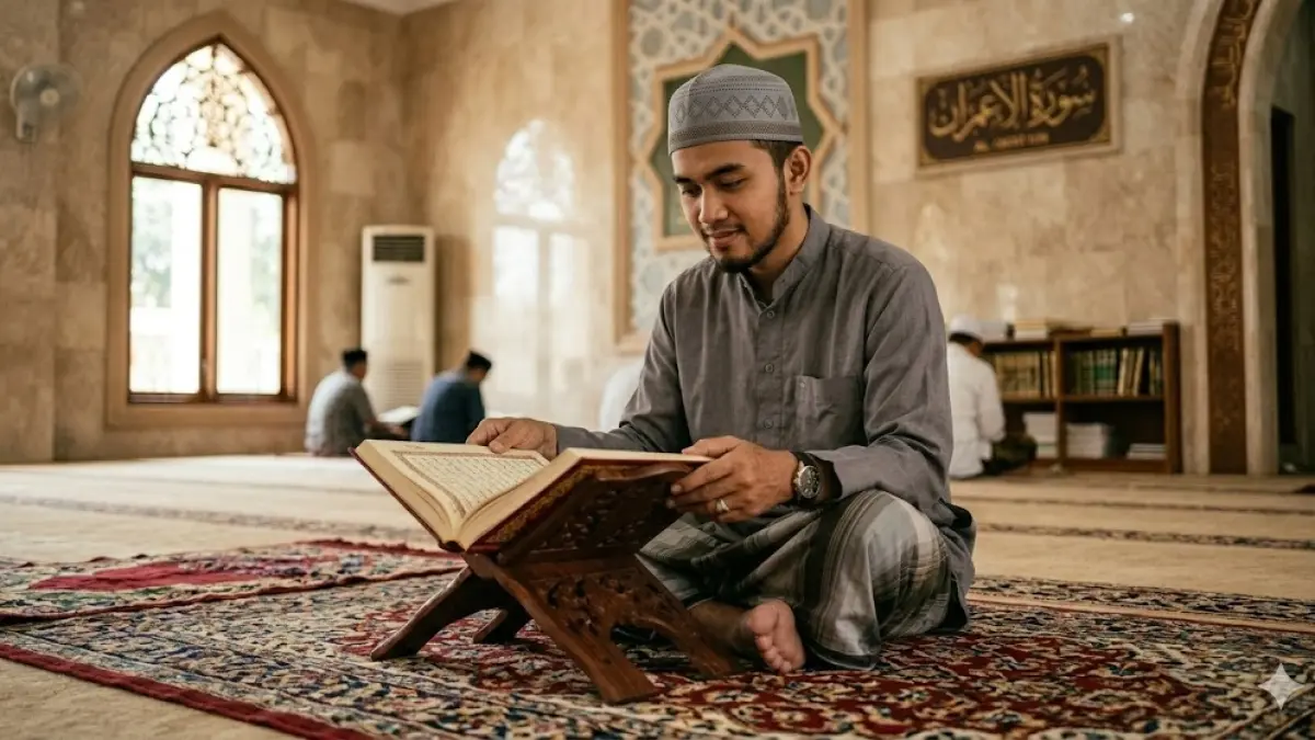 Ilustrasi seorang muslim sedang menghafal Surat Al-Kahfi  