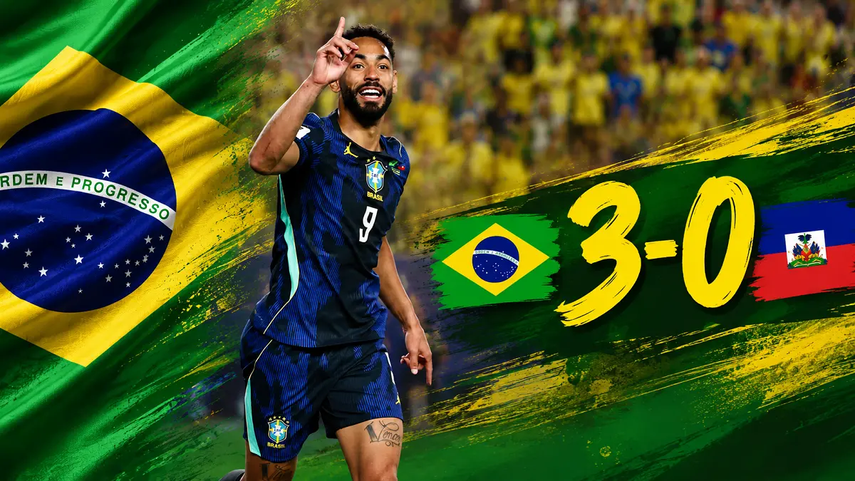 Matheus Cunha mencetak dua gol saat Brasil mengalahkan Haiti 3-0 dan memastikan Haiti tersingkir dari Piala Dunia 2026. (X@FIFAWorldCup, Diolah AI)