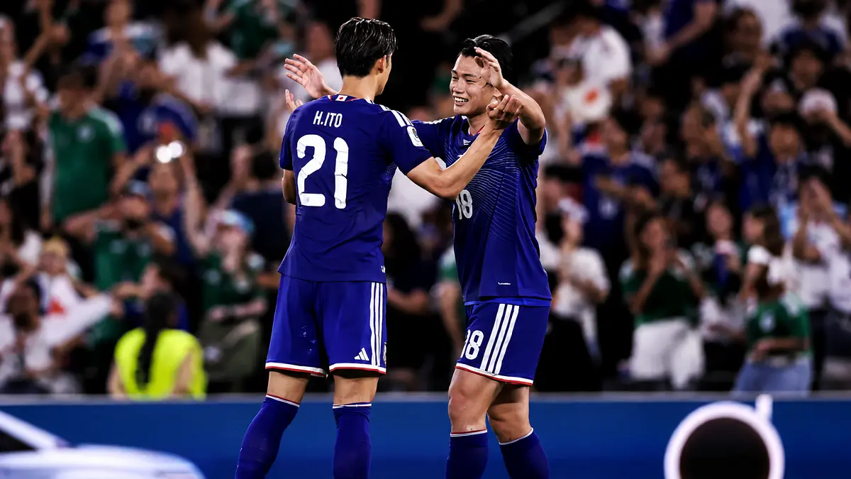 Ayase Ueda berselebrasi usai mencetak gol saat Jepang mengalahkan Tunisia 4-0 di Monterrey. (IG.japanfootballassociation)
