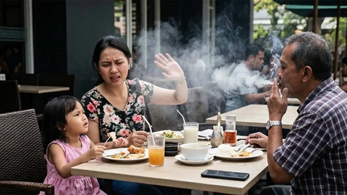 Ilustrasi asap rokok mengganggu kenyamanan orang lain (AI)