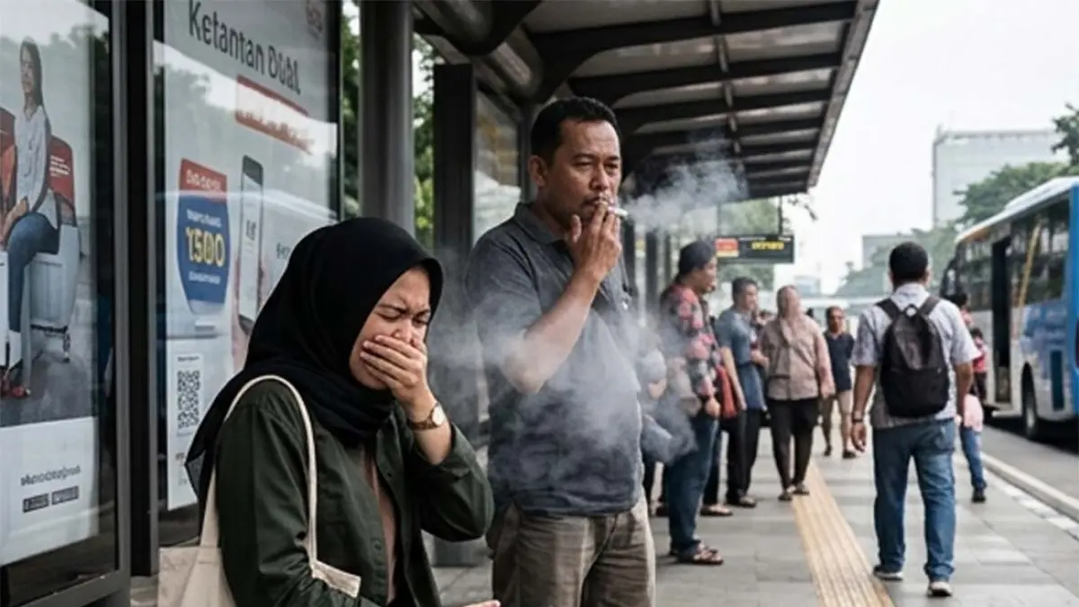 Ilustrasi perempuan terganggu dengan asap rokok di ruang publik. (AI)