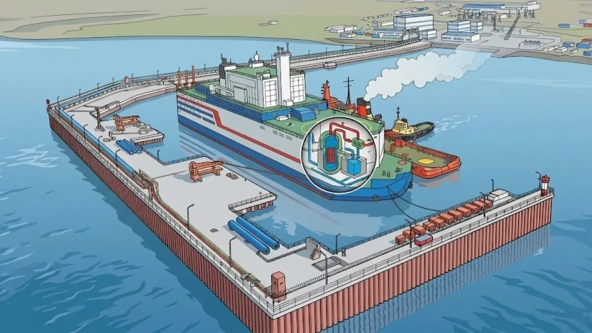 Ilustrasi PLTN terapung berbasis kapal tongkang. Teknologi seperti Akademik Lomonosov milik Rusia menjadi salah satu model pembangkit modular yang mendukung transisi energi rendah karbon. ILUSTRASI/AI