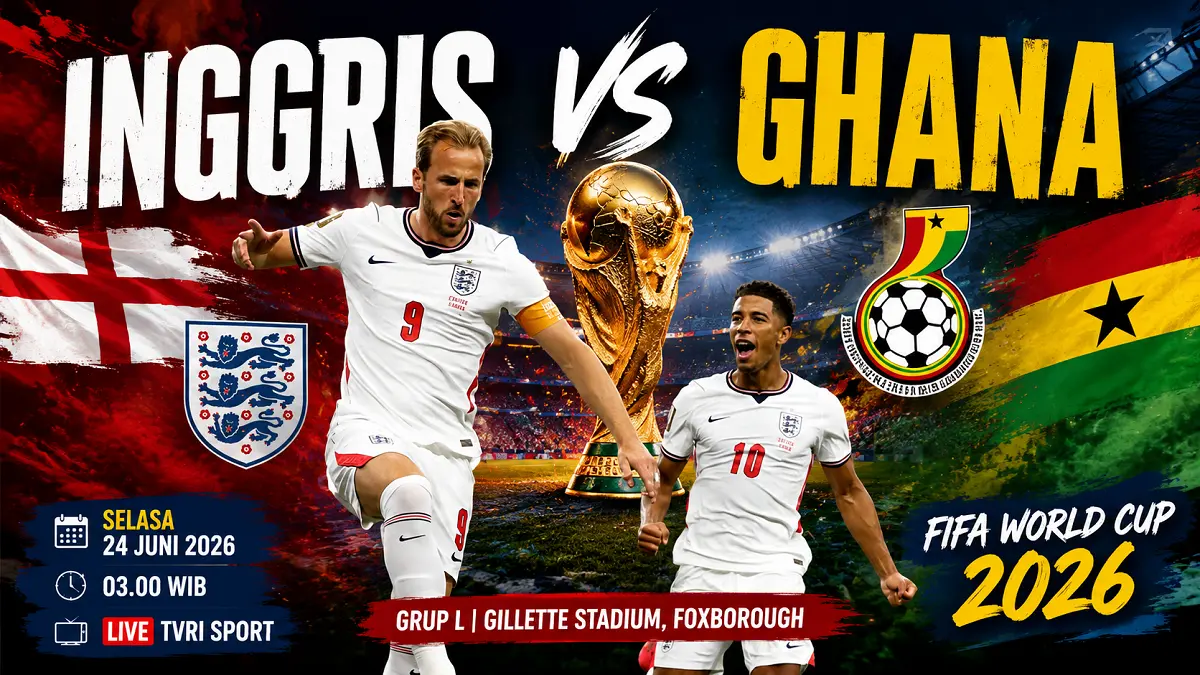 Inggris bertemu Ghana pada laga Grup L Piala Dunia 2026 di Gillette Stadium, Foxborough, Selasa (24/6) dini hari WIB. (IG. @harrykane/Diolah AI)