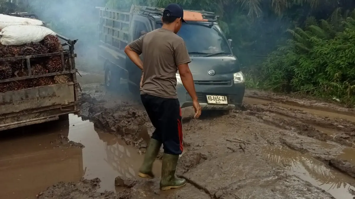 JALAN : Jalan poros yang menghubungkan Desa Telaga Arum dengan Desa Sungai Sepeti, Kecamatan Seponti, Kabupaten Kayong Utara, Kalimantan Barat.(IST)