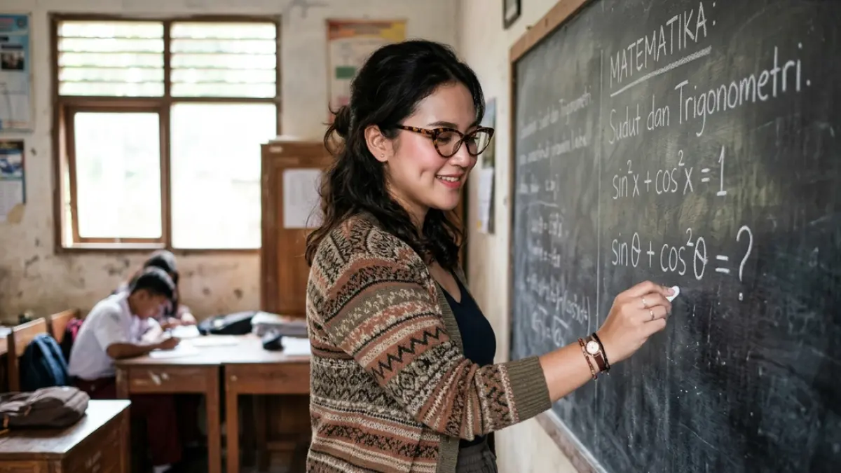 lustrasi guru mengajar di dalam kelas. Pemerintah menyiapkan reformasi pendidikan guru melalui sistem terpadu untuk meningkatkan kualitas, pemerataan, dan pemenuhan kebutuhan tenaga pendidik di Indonesia.