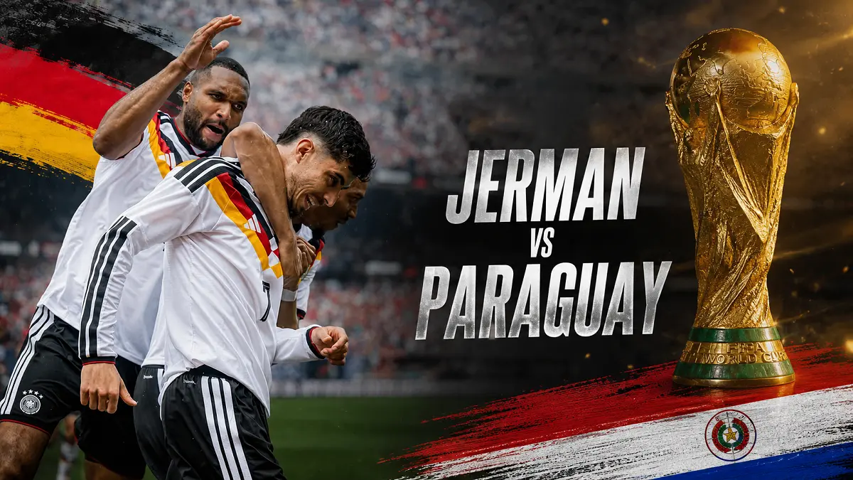 Pemain Jerman bersiap menghadapi Paraguay pada babak 32 besar Piala Dunia 2026 setelah lolos sebagai juara Grup E. (IG@KAIHAVERTZ29/Diolah AI)