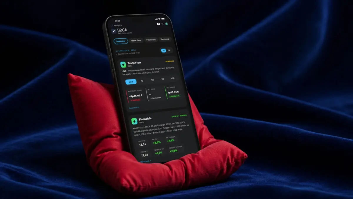 TAMPILAN BARU IPOT. Penampakan antarmuka (interface) terbaru aplikasi IPOT yang menghadirkan fitur AI Analytics dan Trade Flow. Melalui teknologi Artificial Intelligence (AI), aplikasi ini dirancang untuk membantu investor, terutama investor ritel dan pemula, menyederhanakan analisis data pasar menjadi informasi dan kesimpulan investasi yang lebih mudah dipahami. (DOK. IPOT)