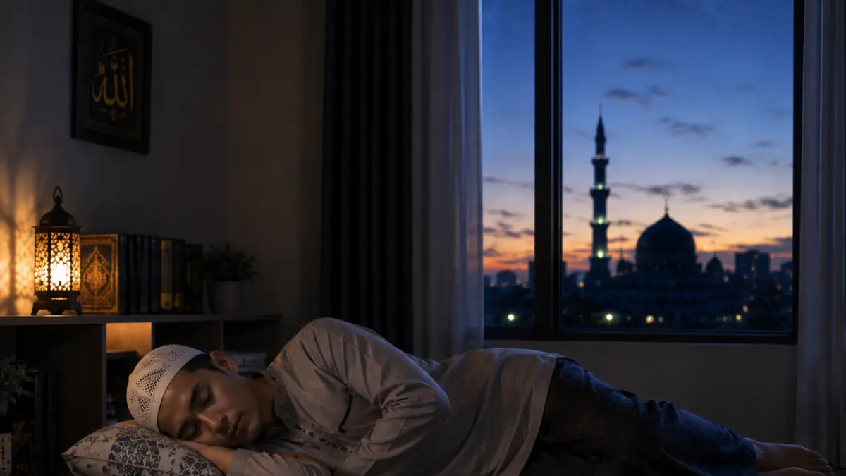 Ilustrasi muslim sedang berbaring setelah salat sunnah dua rakaat sebelum salat shubuh 