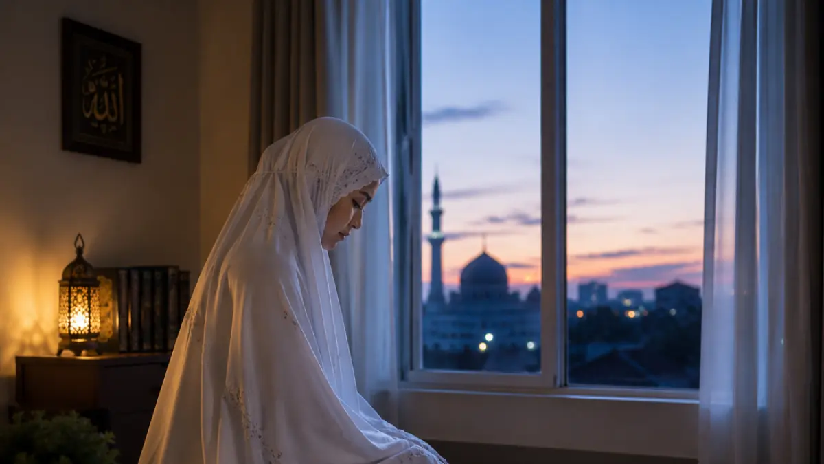 Ilustrasi muslimah salat sebelum shubuh 
