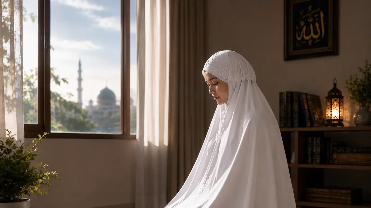 Ilustrasi muslimah sedang menunaikan salat sunah rawatib sebelum salat zuhur  