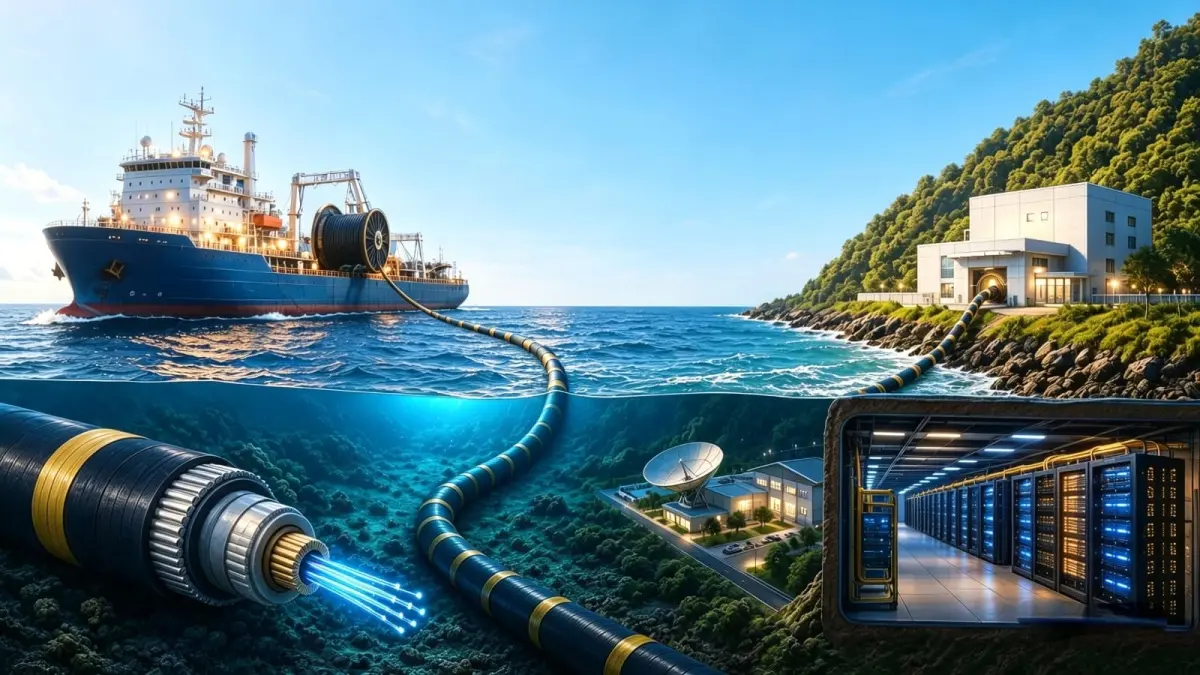 PT Trans Hybrid Communication (THC), bagian dari holding PT Sinergi Inti Andalan Prima Tbk (INET) menjalin kerja sama dengan PT FiberHome Technologies Indonesia untuk pengembangan infrastruktur kabel laut ASEAN. (ILUSTRASI AI/ISTIMEWA)