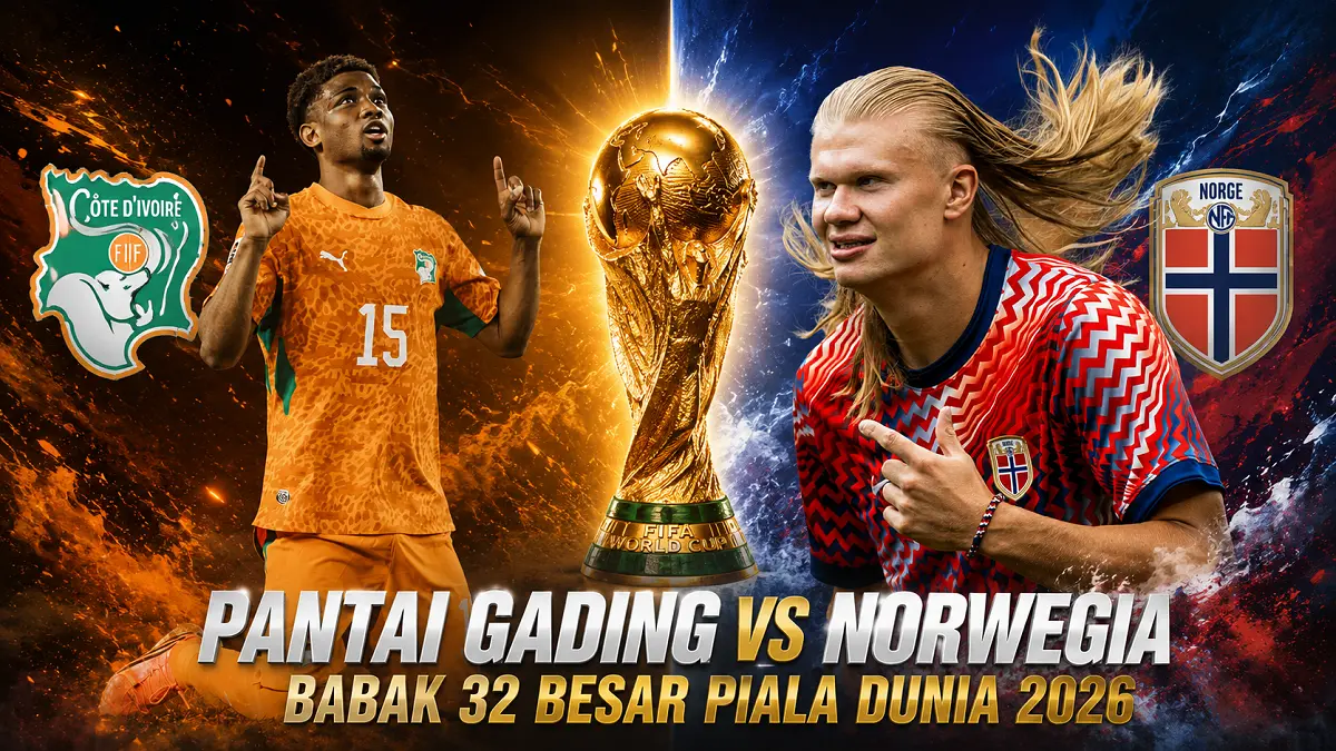 Timnas Norwegia menghadapi Pantai Gading pada babak 32 besar Piala Dunia 2026 di AT&T Stadium, Arlington, Texas, Rabu (2/7) dini hari pukul 00.00 WIB. (IG/Diolah AI)