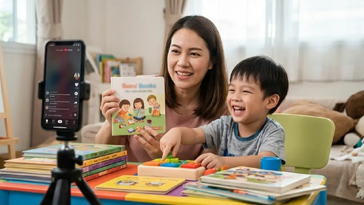 Ilustrasi anak ikut live berjualan di media sosial (AI)