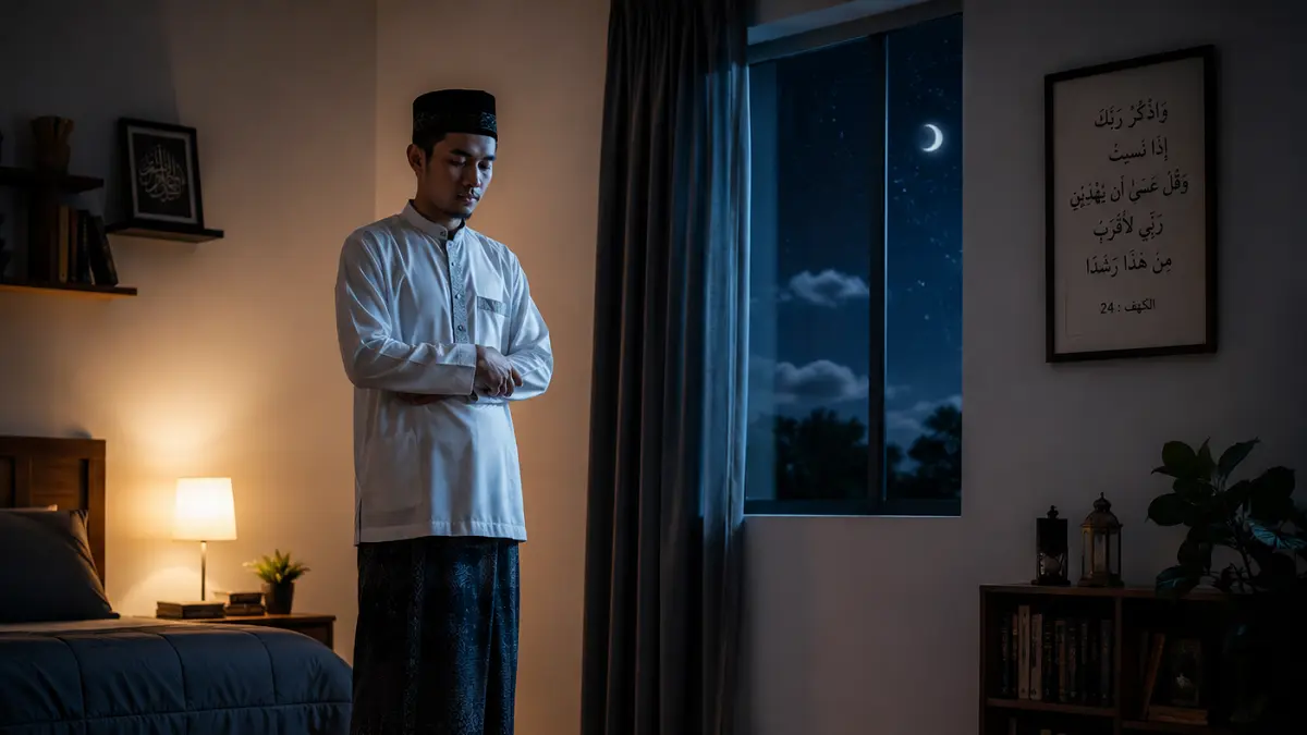 Ilustrasi muslim sedang melaksanakan salat tahajud 