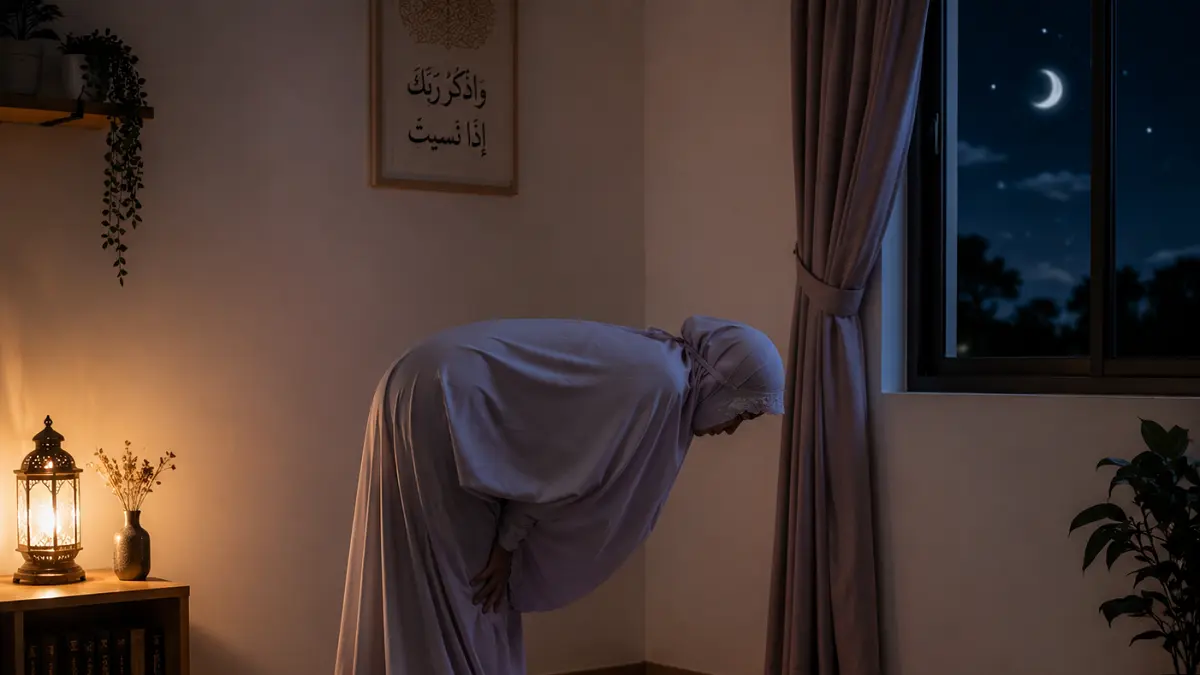 Ilustrasi muslimah sedang salat tahajud 