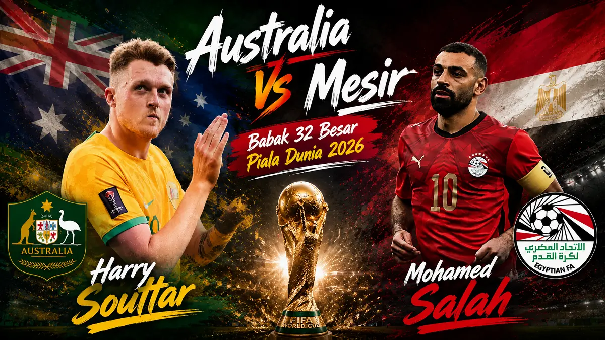 Wide attacker Mesir Mohamed Salah dan bek tengah Australia Harry Souttar bersaing membawa tim masing-masing memenangi laga fase gugur Piala Dunia untuk kali pertama. (IG/Diolah AI)
