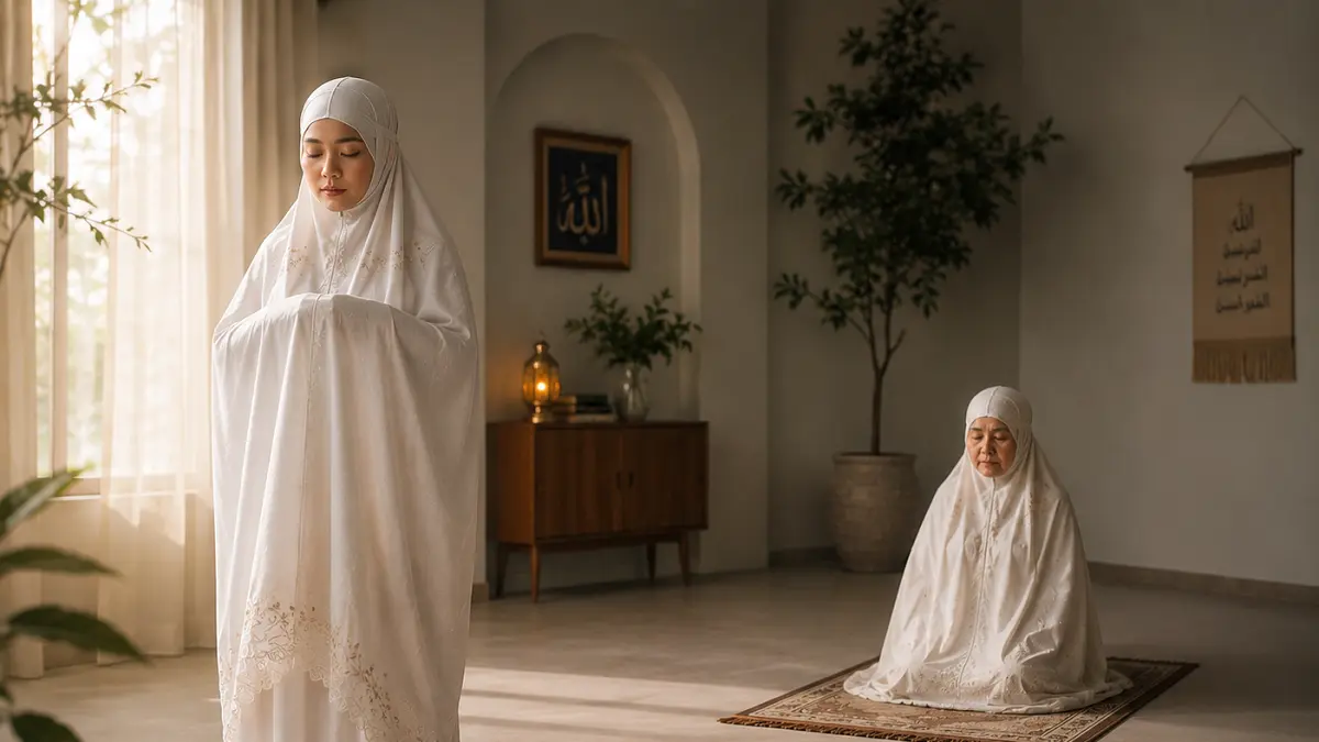 Ilustrasi seorang anak dan ibu sedang mengqadha salat tahajud di siang hari karena udzur syari