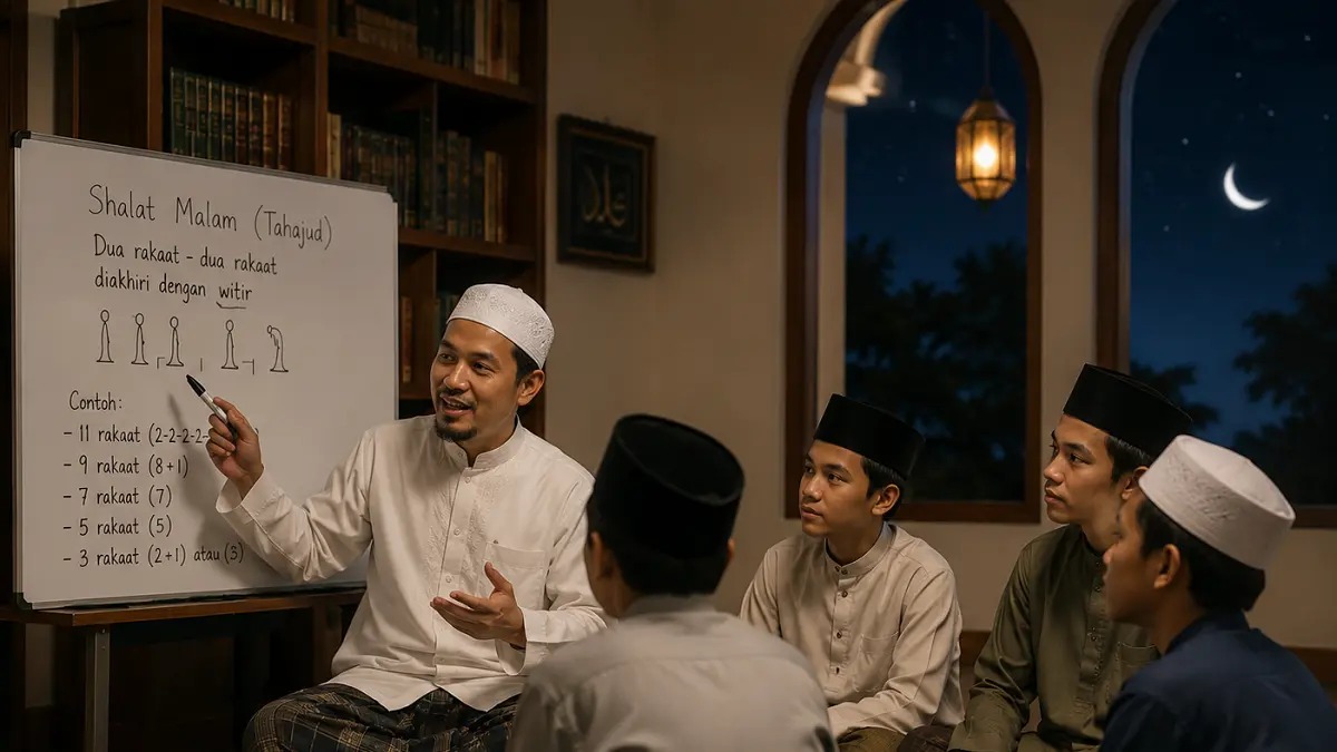Ilustrasi seorang ustaz sedang mengajarkan tata cara salat tahajud kepada santrinya  