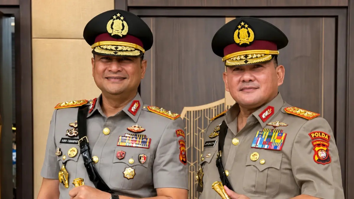 Irjen Pol. Dr. Pipit Rismanto (kiri) bersama Kapolda Kalbar yang baru dilantik, Irjen Pol. Alberd Teddy Benhard Sianipar (kanan), saat prosesi sertijab di Mabes Polri.&nbsp;(DOK POLRI)