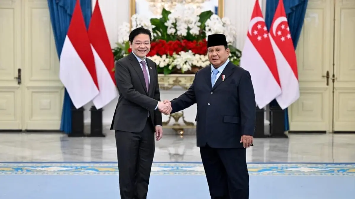 PERTEMUAN: Presiden RI Prabowo Subianto menggelar pertemuan dengan Perdana Menteri Singapura Lawrence Wong pada Senin (6/7/2026), di Istana Merdeka, Jakarta. (Foto: BPMI Setpres/Cahyo)
